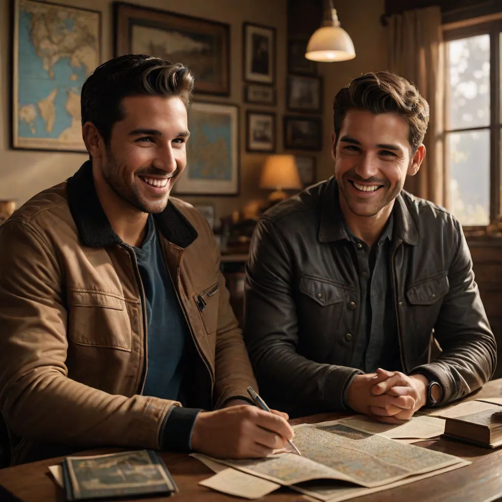 two men sitting at a table with a book and pen in hand and a book in front of them, arts and crafts movement, a poster, Adam Dario Keel, promotional image