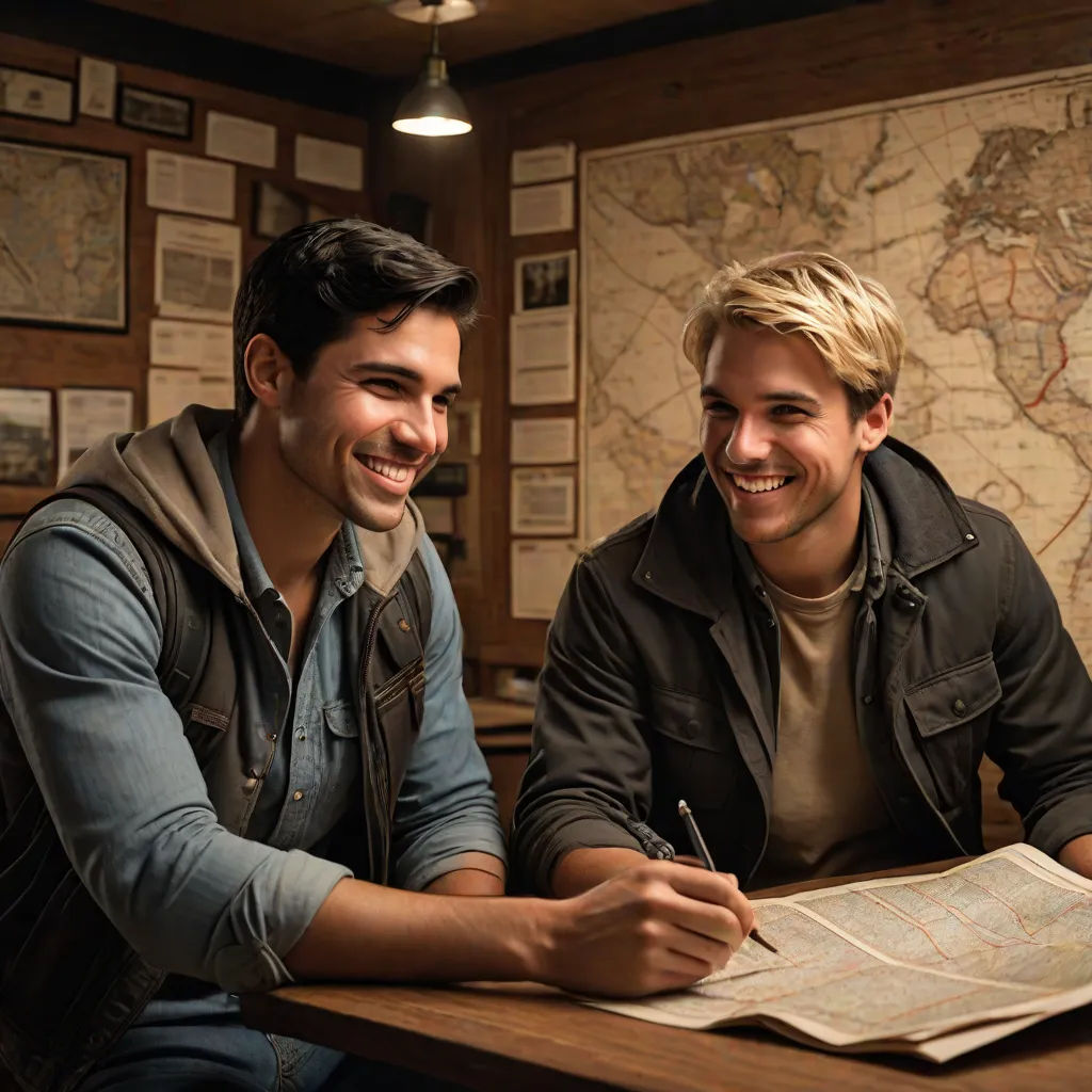 two men sitting at a table with a map and pen in front of them, smiling at the camera, american scene painting, a bronze sculpture, Adam Dario Keel, promotional image