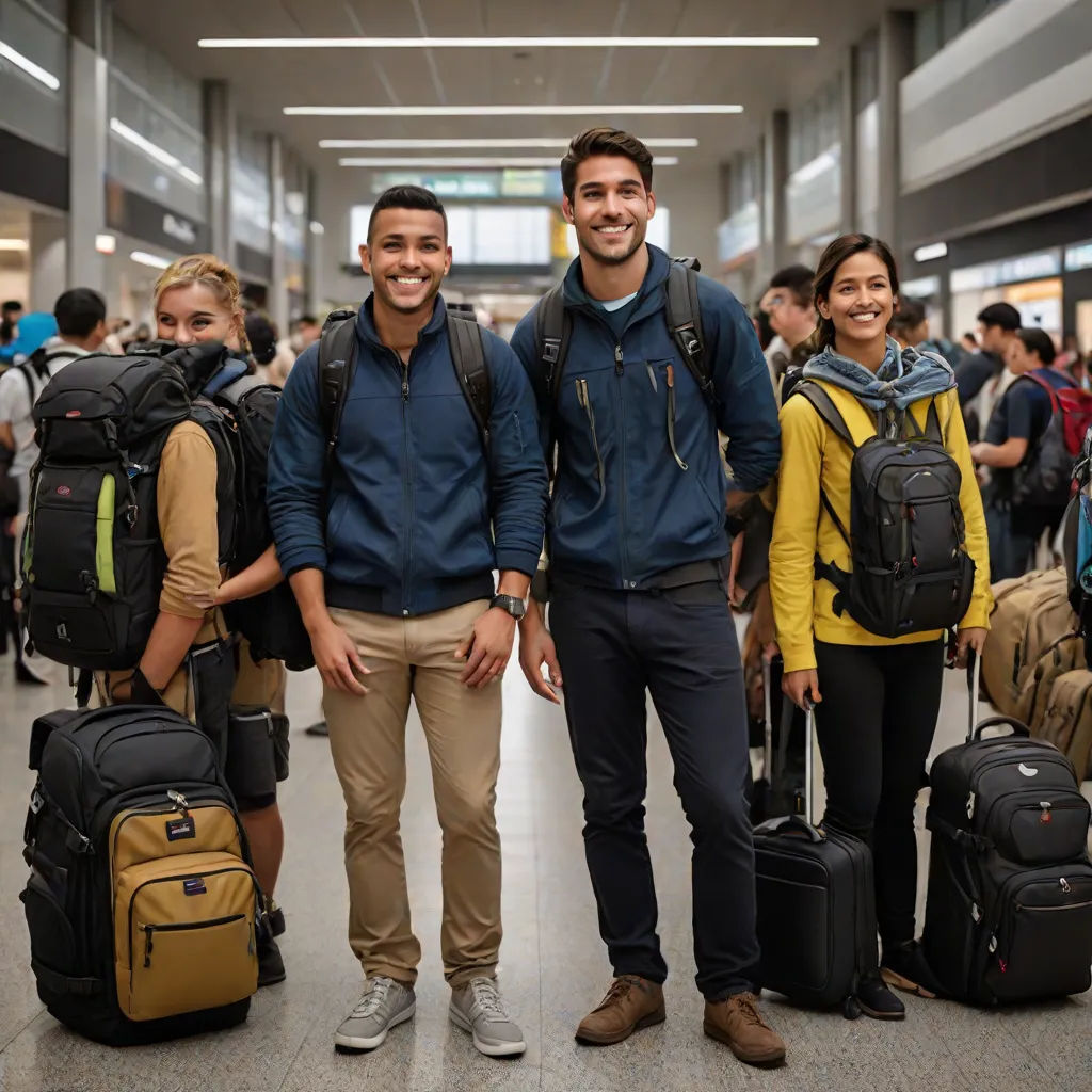 a group of people standing next to each other with luggage in front of them in a building with a lot of windows, incoherents, a stock photo, Bourgeois, promotional image