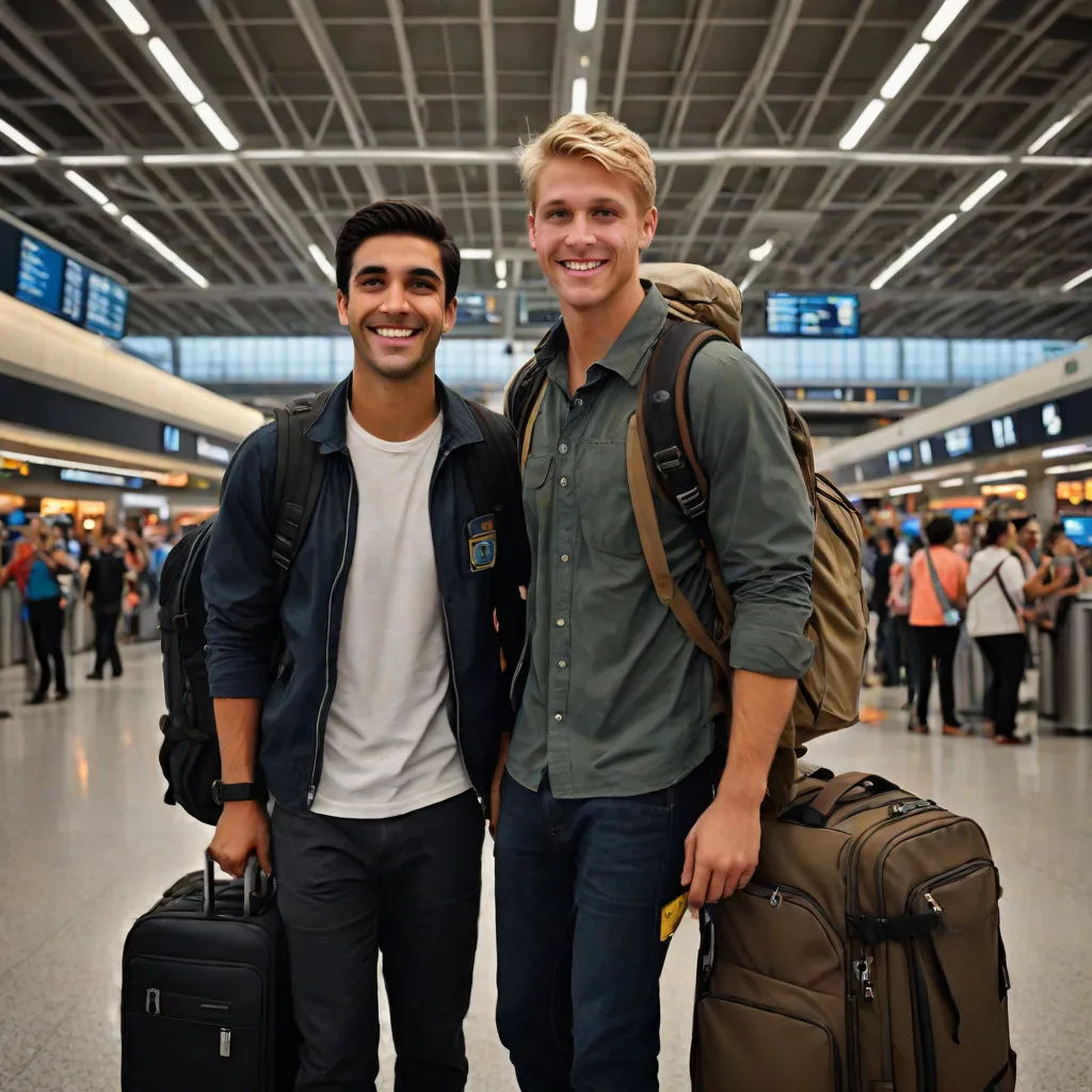 two men standing next to each other holding luggage bags in a terminal area of an airport with people in the background, arabesque, a stock photo, Daren Bader, promotional image
