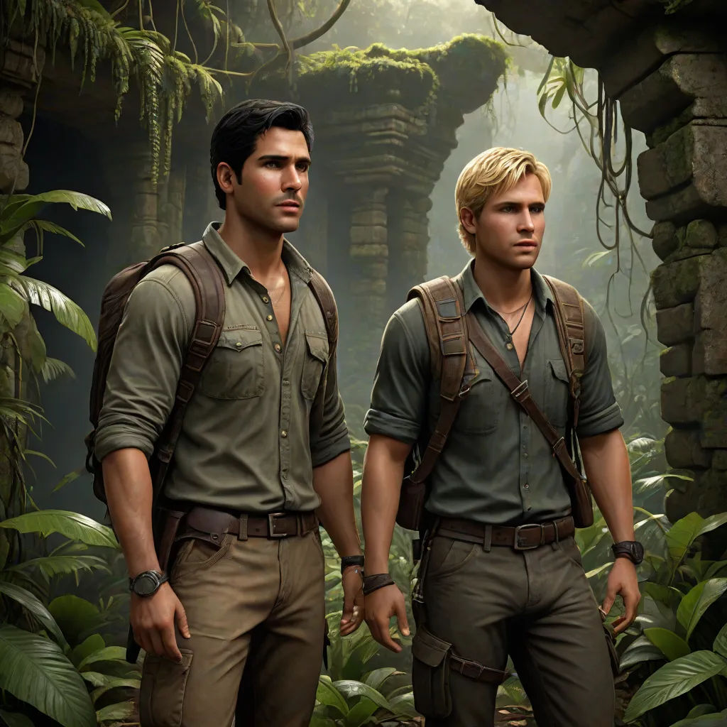 two men in a jungle with a jungle background and a jungle scene in the background, one of them is wearing a backpack, photorealism, concept art, Evan Charlton, promotional image