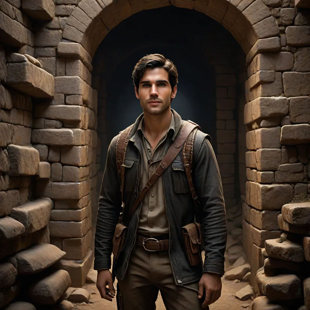 a man standing in a tunnel with a backpack on his back and a backpack on his shoulder, in a scene from the movie indiana jones, arts and crafts movement, a detailed matte painting, Don Arday, promotional image