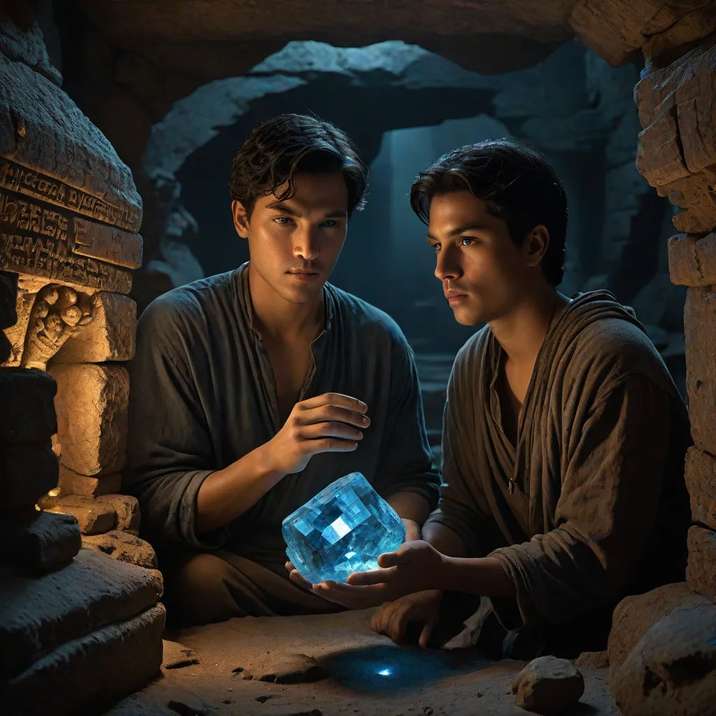 two men sitting in a cave holding a crystal cube in their hands and looking at it in the other direction, holography, a hologram, Drew Struzan, promotional image