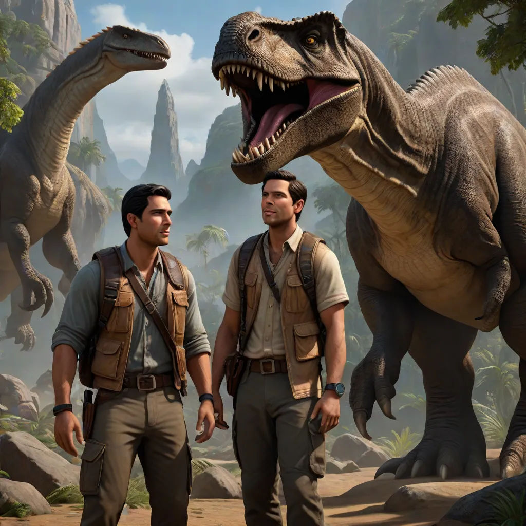 two men standing next to each other in front of a dinosaur and a man with a gun in his hand, photorealism, concept art, Adam Rex, promotional image