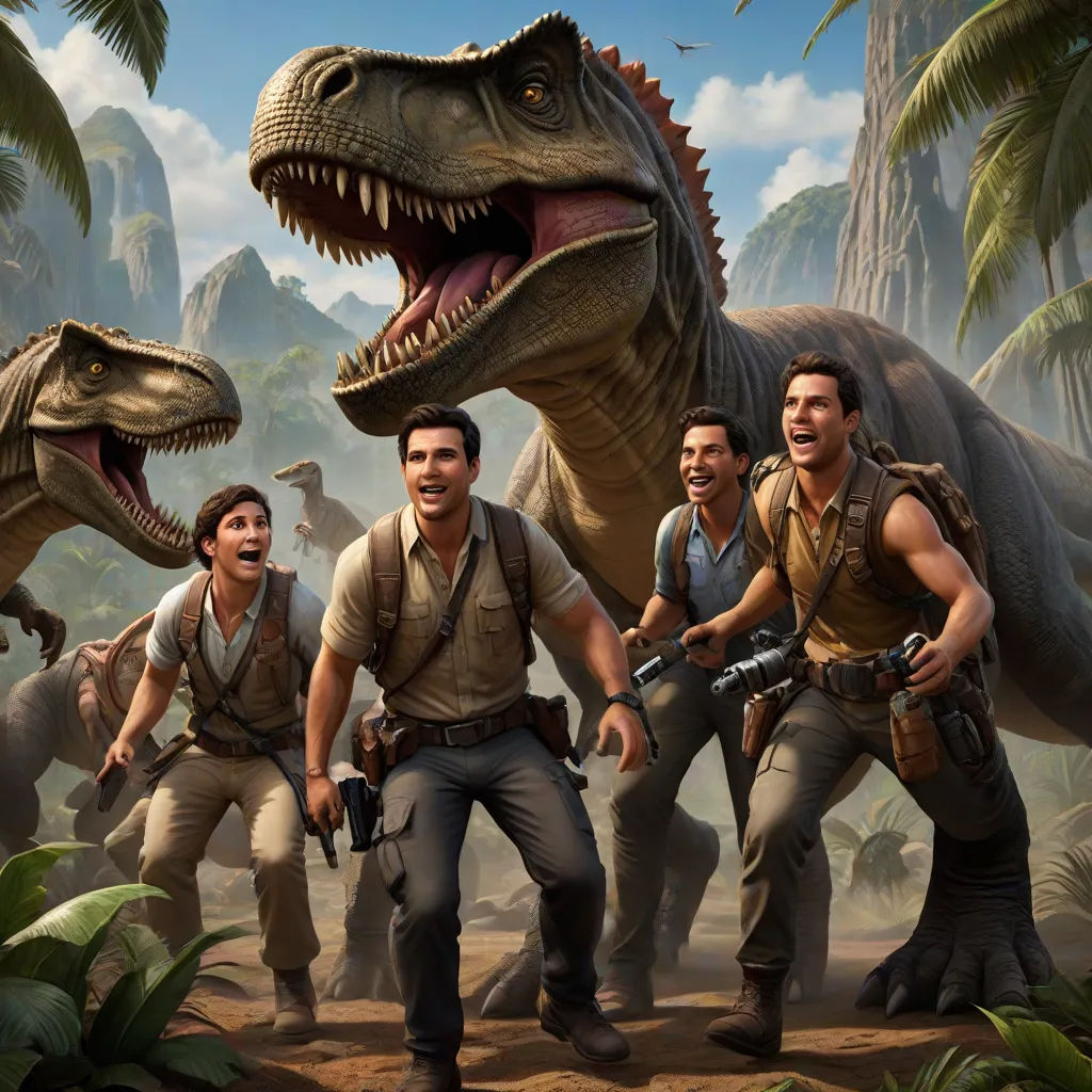 a group of men standing next to a dinosaur in a jungle with other men in front of them and a dinosaur, sots art, concept art, Adam Rex, key art