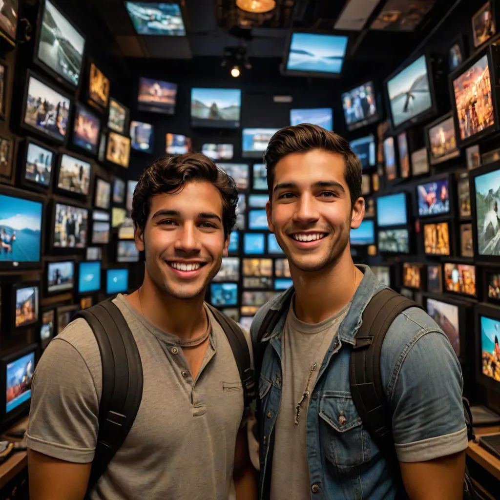 two men standing in front of a wall of televisions with many pictures on them and smiling at the camera, interactive art, a stock photo, Chris LaBrooy, symmetrical facial features
