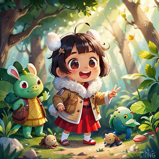 a girl in a red dress standing in the woods with some animals and plants around her, with a forest background