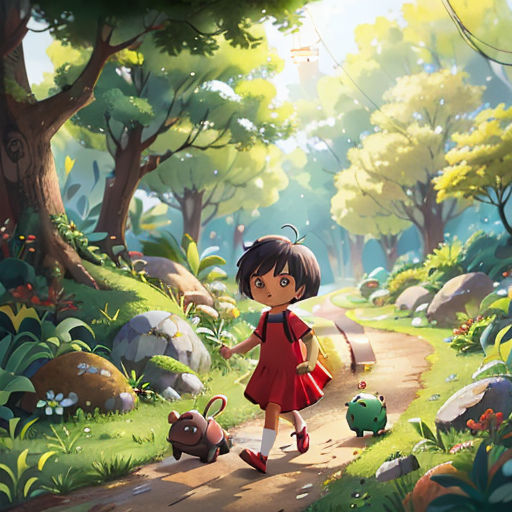 a girl walking down a path in a forest with a dog and a toy car in the foreground