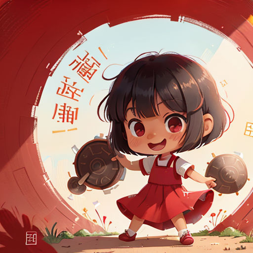a girl in a red dress holding a baseball glove and ball in a red circle with chinese characters on it