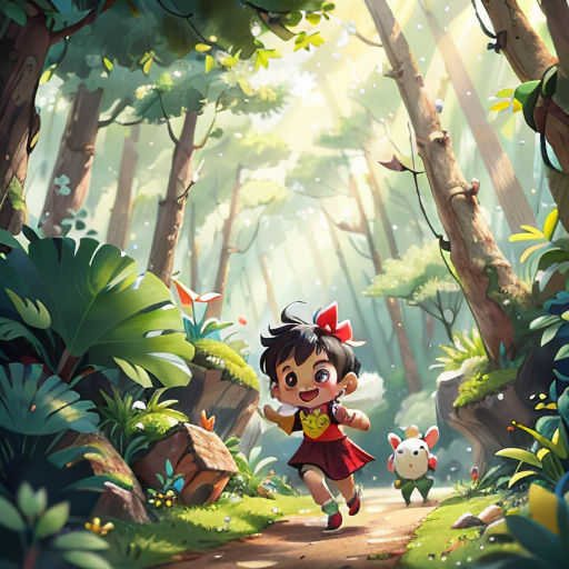 a girl running through a forest with a dog in the background and a forest scene in the foreground