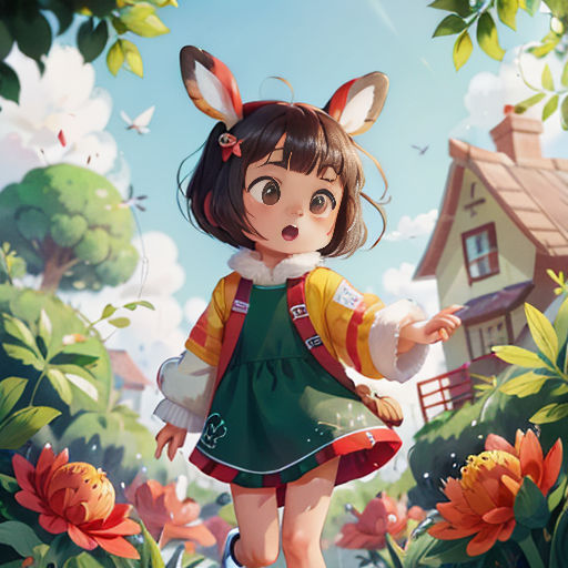 a girl in a green dress is walking through a garden with flowers and a house in the background with a rabbit ears on her head
