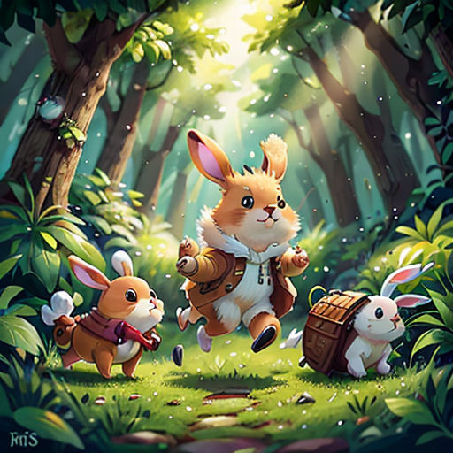 a rabbit and two rabbits in the woods with a light coming from behind them, and a forest scene with a rabbit carrying a barrel