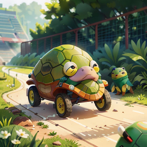 a turtle riding a cart with a turtle on it's back in a park with other animals and plants