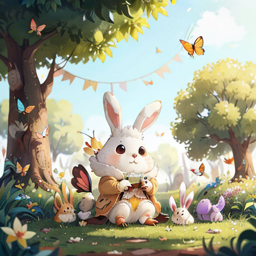 a rabbit sitting in the grass with a bunch of rabbits around it and a butterfly flying overhead above it
