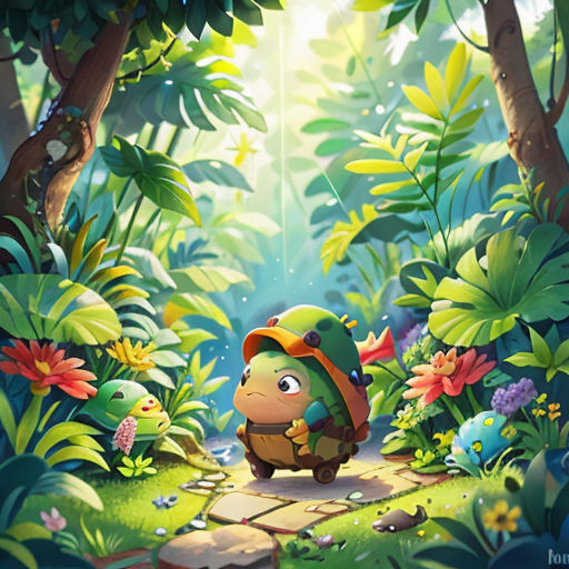 a cartoon character walking through a jungle with a frog in the background and a forest with flowers and plants