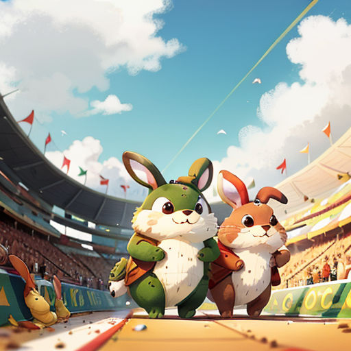 a cartoon of two rabbits in a stadium with a sky background and a crowd of people watching from the stands