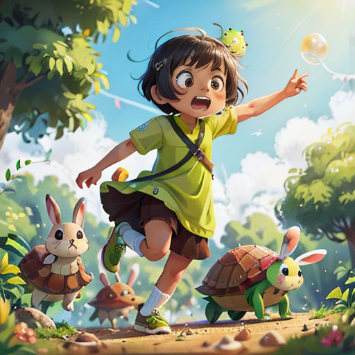 a girl in a green dress is chasing some bunnies in the forest with her hands out to catch a bubble