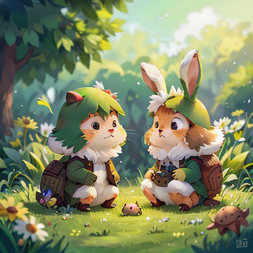 two rabbits sitting in the grass with a forest background behind them, one of them is wearing a green hat