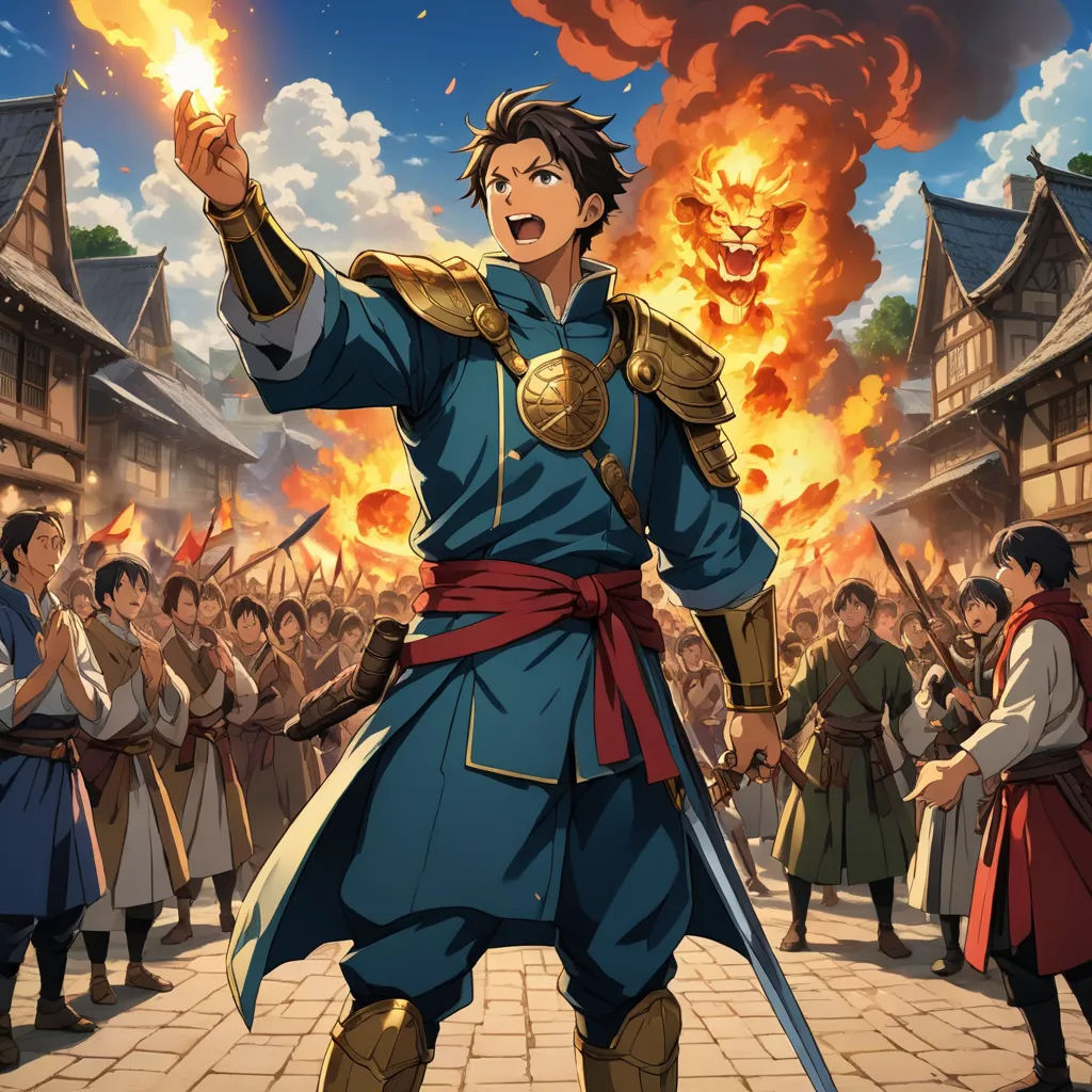 a man in a blue outfit holding a sword in front of a crowd of people in a city street, sots art, concept art, Baiōken Eishun, official art