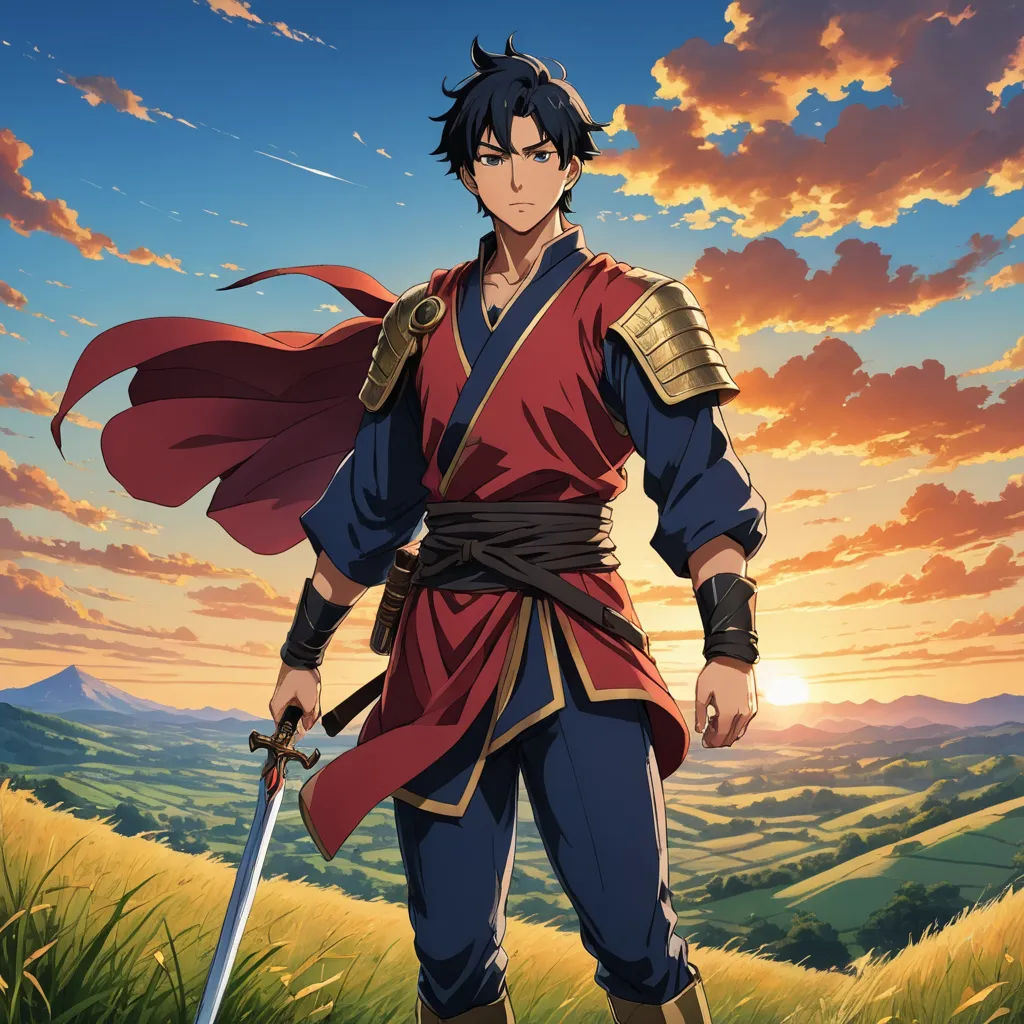 a man in a red and blue outfit holding a sword in front of a sunset sky with clouds and hills, dau-al-set, a poster, Du Jin, official art