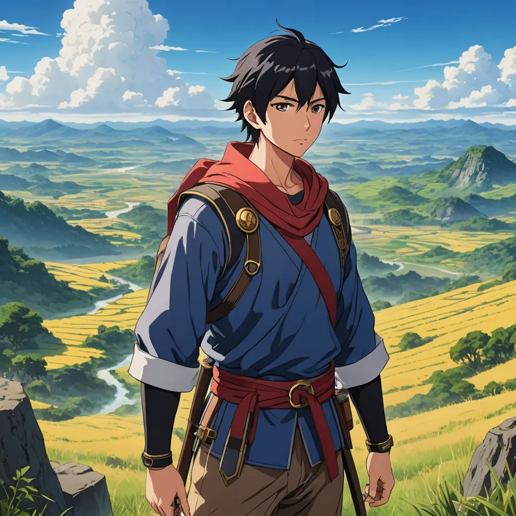 a man in a blue shirt and red scarf standing in a field with mountains in the background and clouds in the sky, rayonism, concept art, Cedric Seaut (Keos Masons), anime key visual