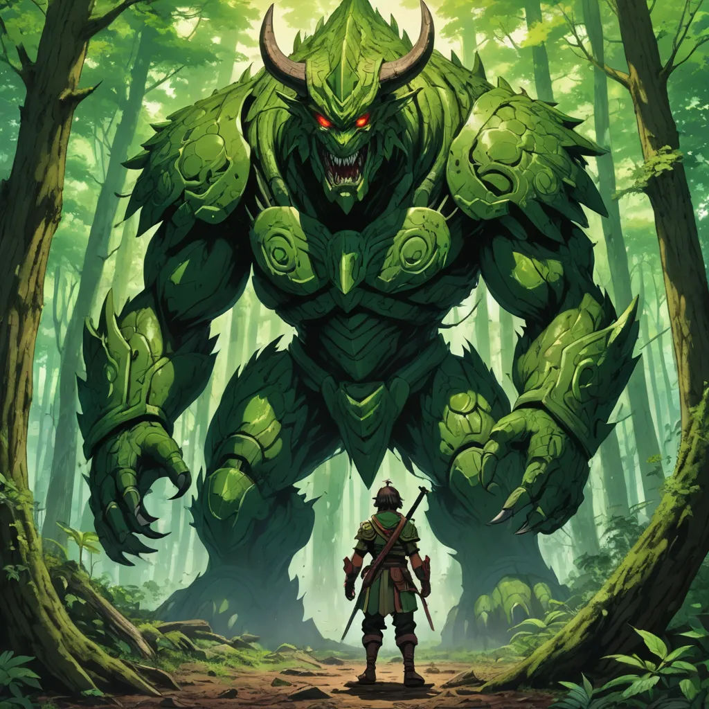 a man standing in front of a giant monster in the forest with a sword in his hand and a green helmet on, altermodern, concept art, Andreas Rocha, magic the gathering artwork