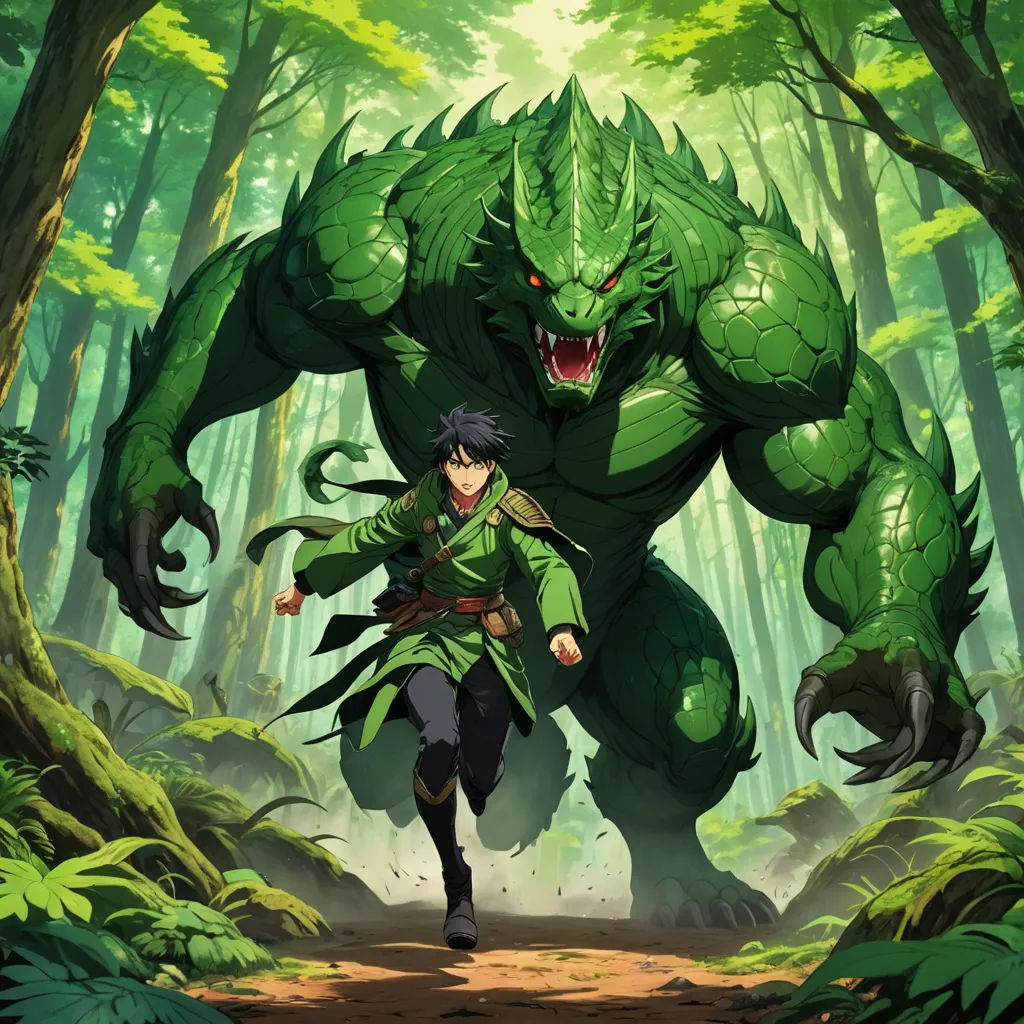 a man in a green outfit is walking through a forest with a giant monster behind him and a woman in a green dress, fantasy art, concept art, Dai Jin, official art
