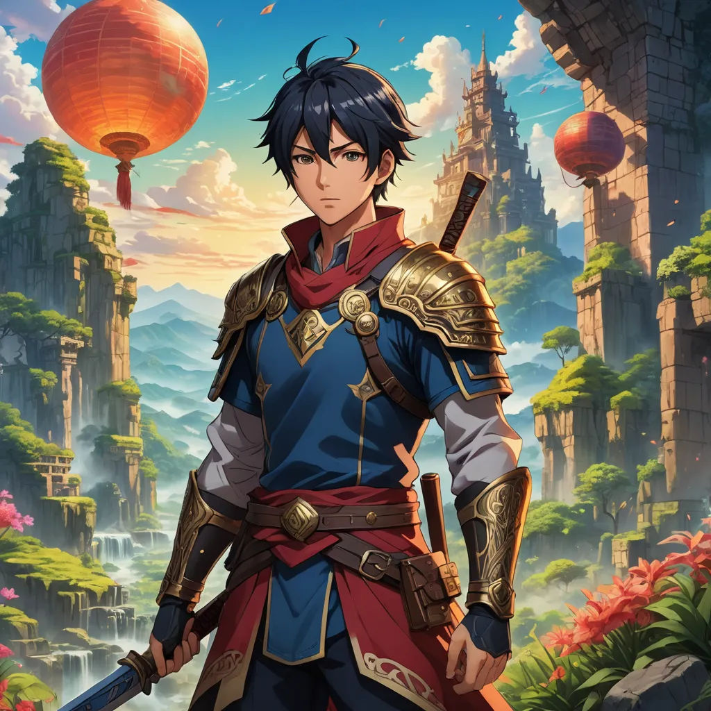 a man in a blue and red outfit holding a sword in front of a mountain landscape with a sky background, fantasy art, concept art, Arthur Pan, official art