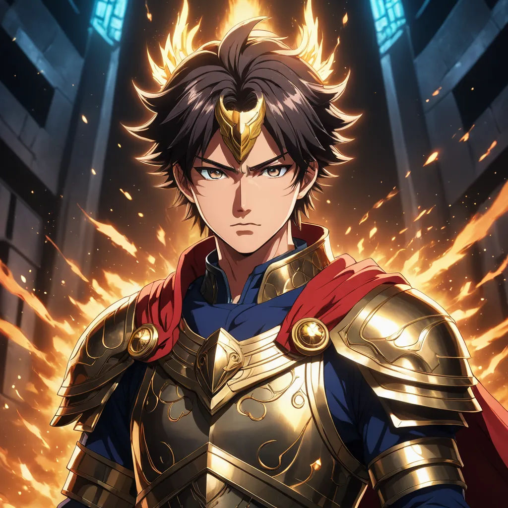 a man in armor with a sword in his hand and flames in the background, and a building in the background, sots art, concept art, Everett Warner, official art