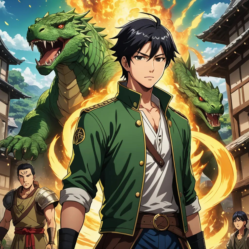 a man in a green jacket standing next to a dragon and a man in a white shirt and tie, sots art, poster art, Baiōken Eishun, anime key visual