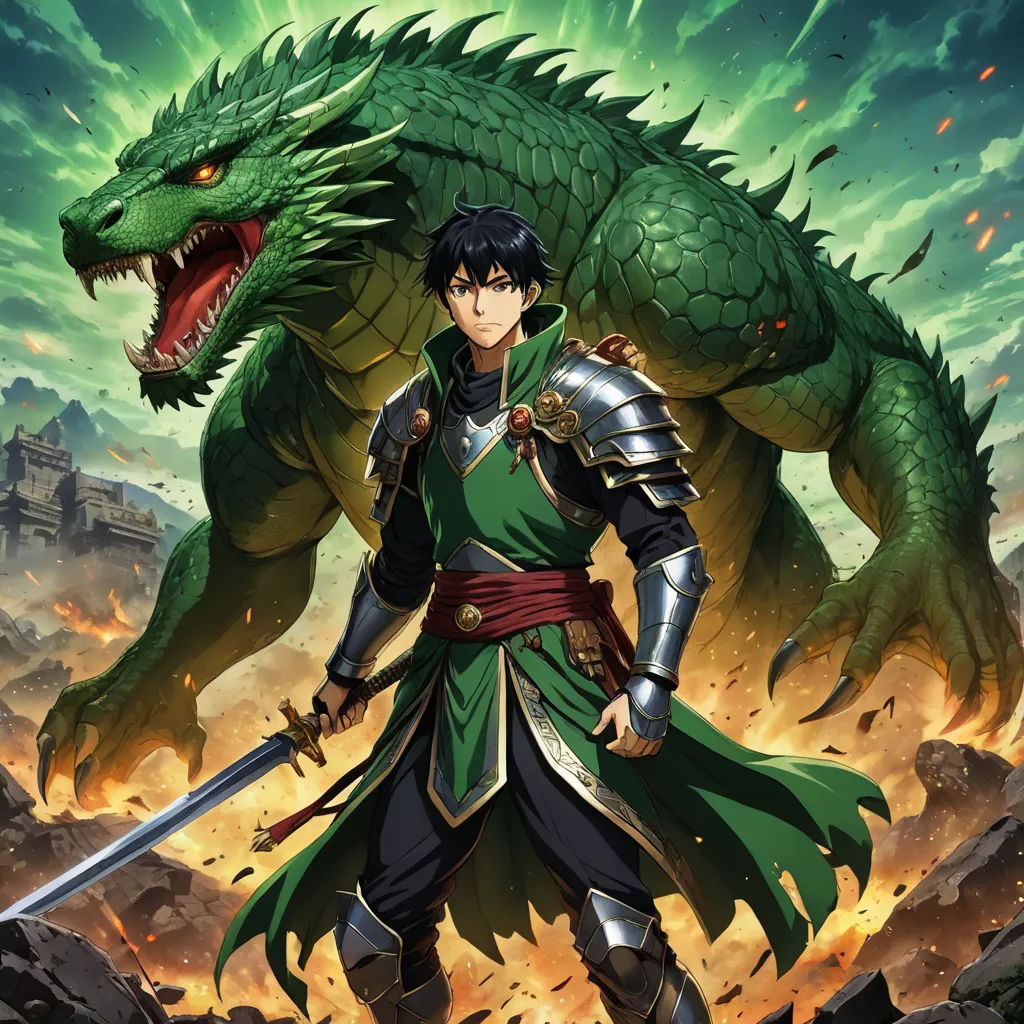 a man in a green outfit standing next to a dragon and a sword in front of a green sky, sots art, concept art, Du Jin, official art