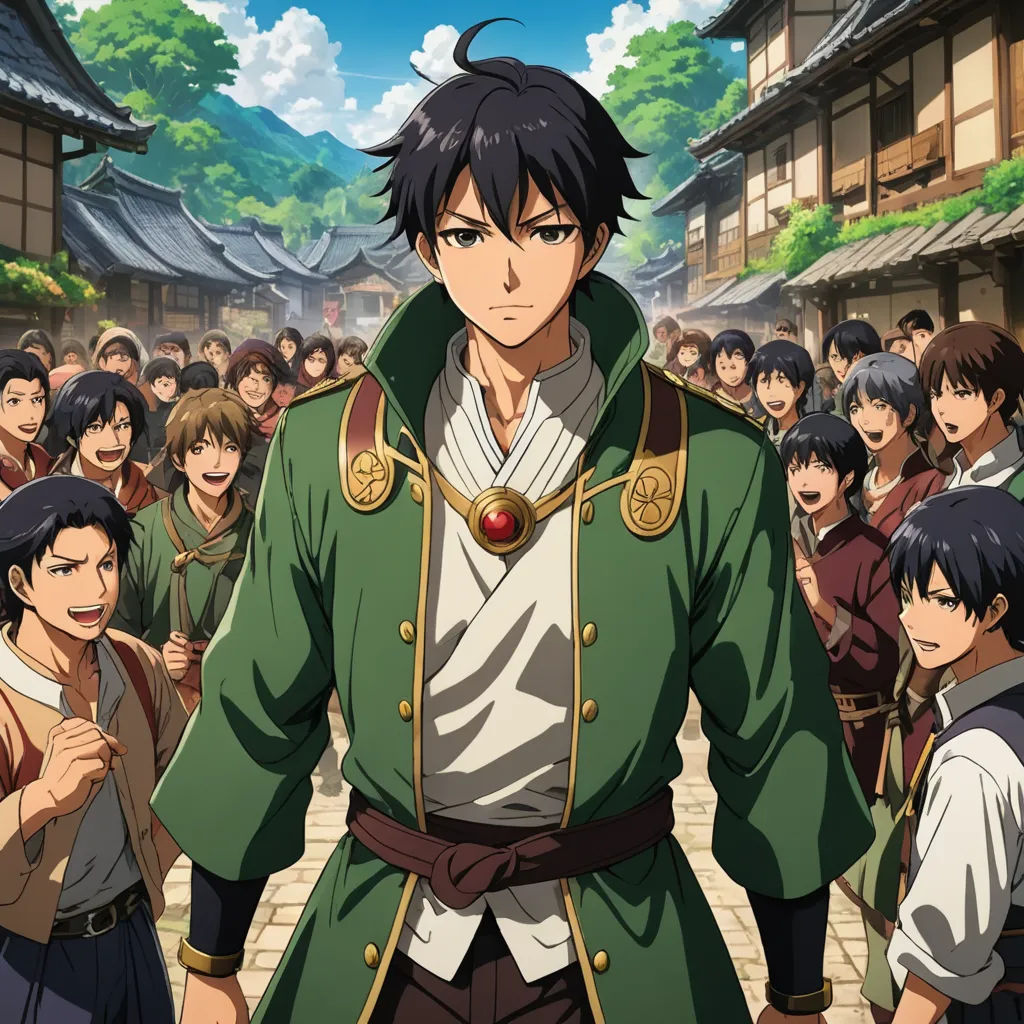 a man in a green coat standing in front of a crowd of people in a village with trees and buildings, rayonism, concept art, Baiōken Eishun, official art