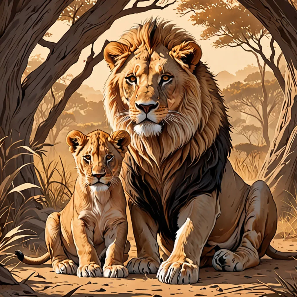 a painting of two lions sitting in the woods together, with trees in the background and a sunset in the distance, fantastic realism, an airbrush painting, Brothers Hildebrandt, highly detailed digital painting
