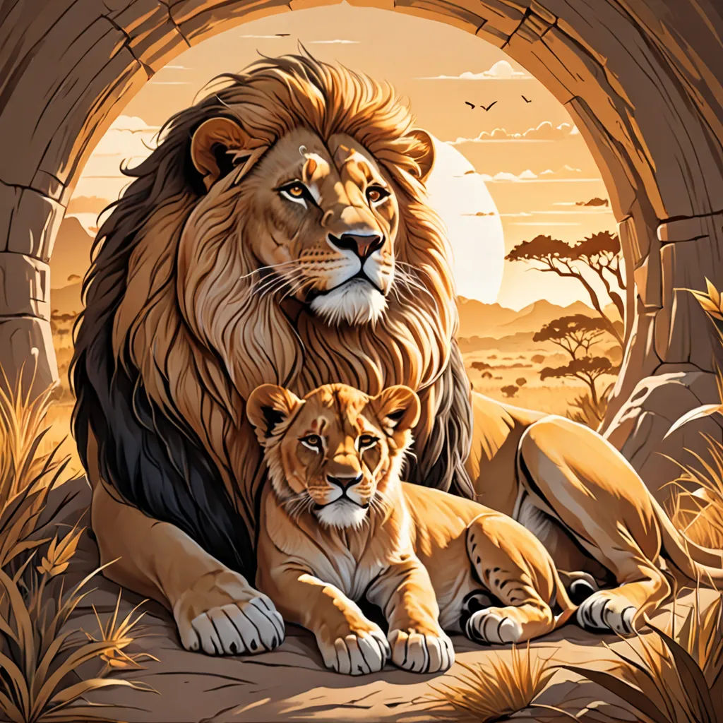 a lion and a cub are sitting in a cave with a sunset in the background and a bird flying over them, fantasy art, a digital painting, Chris LaBrooy, trending on art station