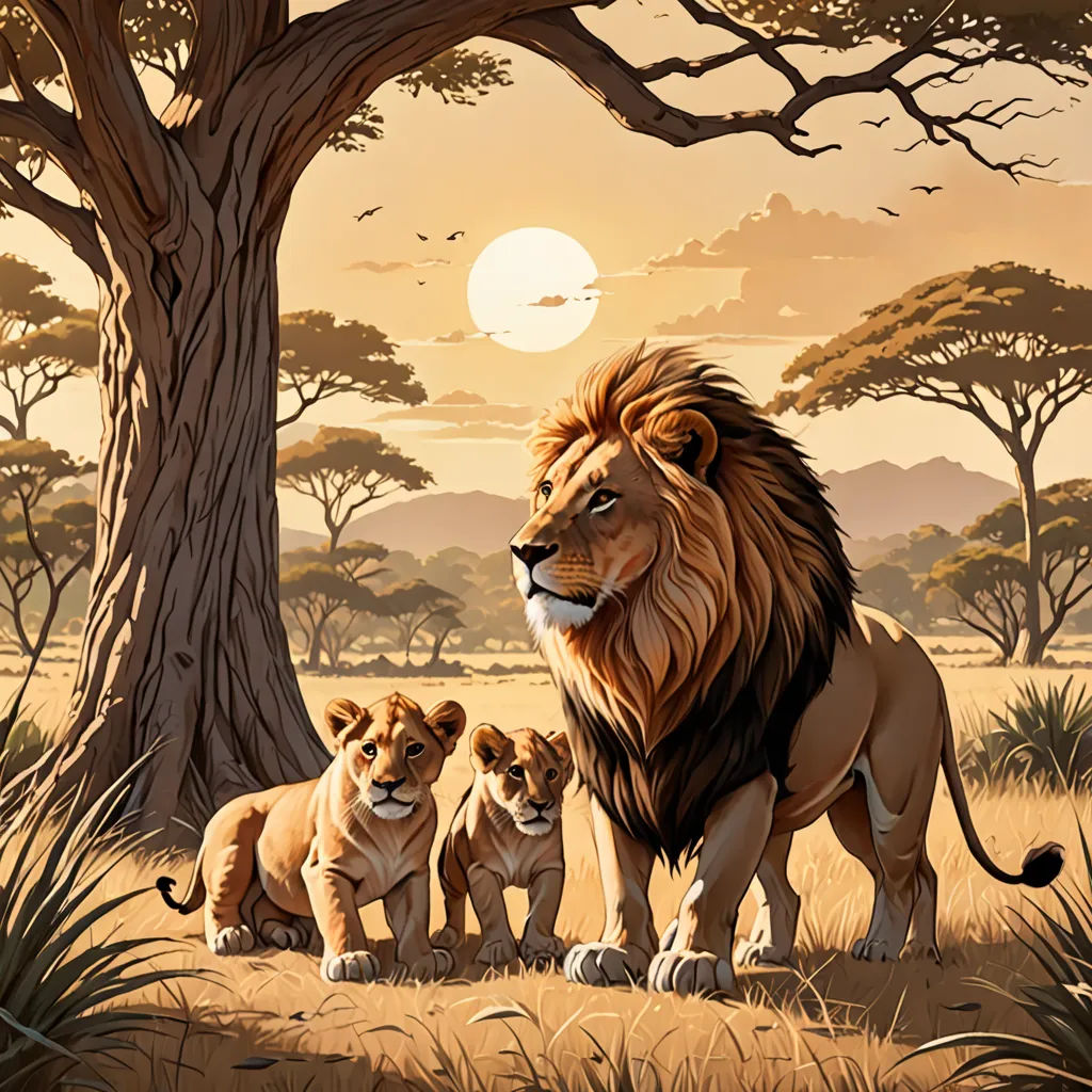 a painting of a lion family in the wild with a sunset in the background and trees in the foreground, fantasy art, an oil painting, Brothers Hildebrandt, highly detailed digital painting