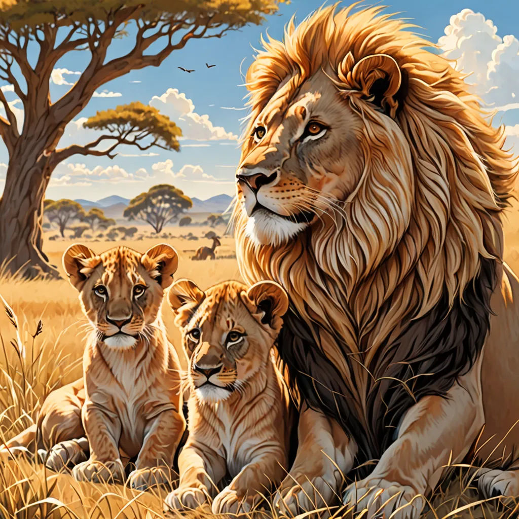 a painting of a lion family in the wild with a baby lion sitting next to it on the grass, fantastic realism, an oil painting, Chris LaBrooy, highly detailed digital painting