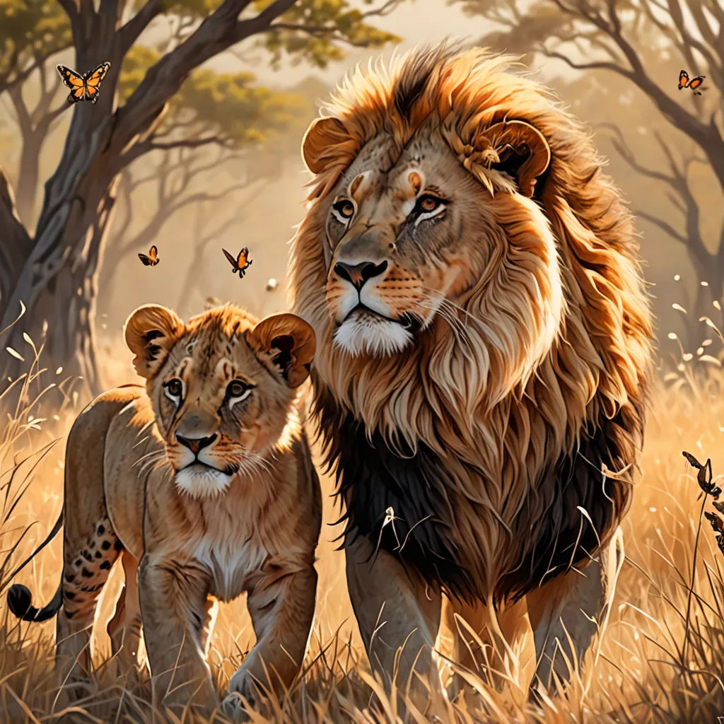 a painting of a lion and a cub walking through a field of grass with butterflies flying around them and trees in the background, fantasy art, a digital painting, Brothers Hildebrandt, oil painting