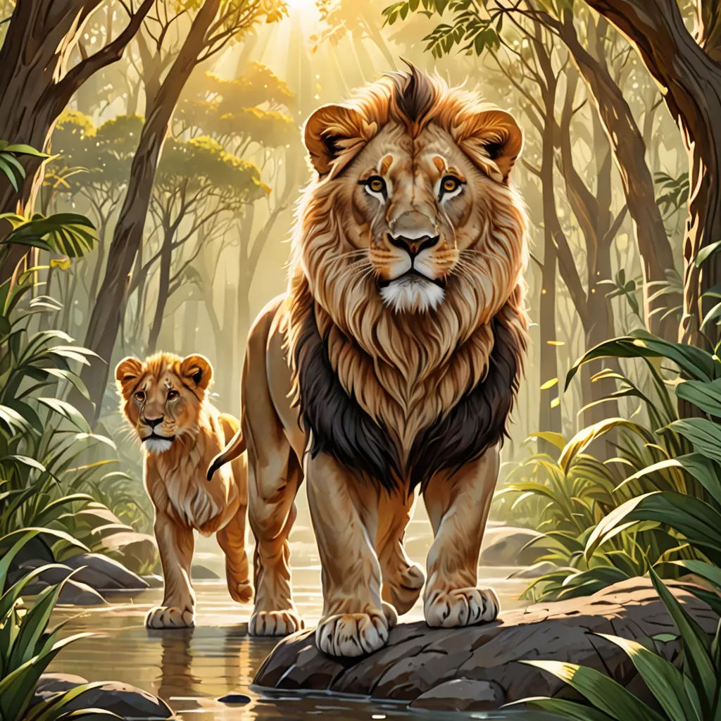 a lion and a cub walking through a forest of trees and bushes, with the sun shining through the trees, furry art, a digital painting, Brothers Hildebrandt, official art