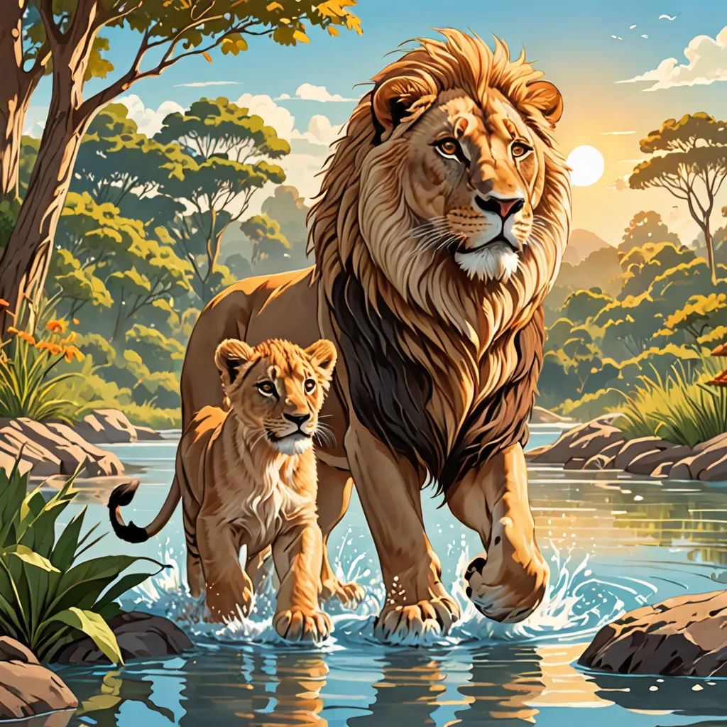 a lion and a cub are walking through a river together in the wild, with a sunset in the background, furry art, a storybook illustration, Brothers Hildebrandt, highly detailed digital painting