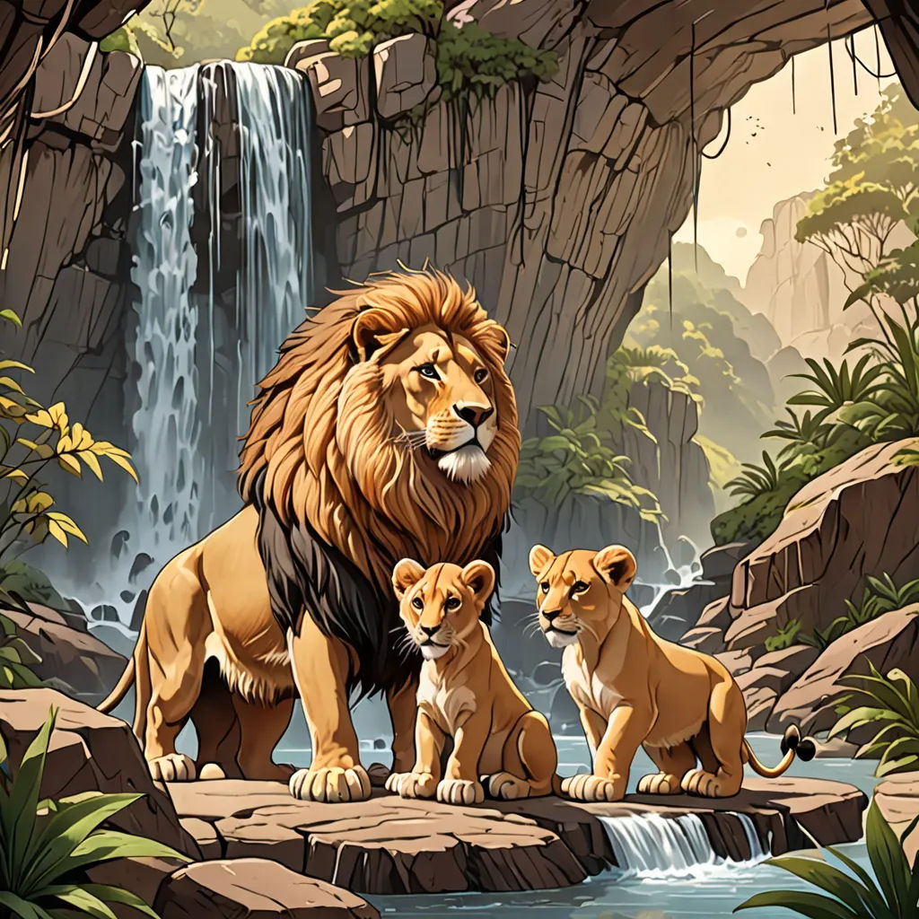 a lion and two cubs sitting on a rock in front of a waterfall with a waterfall behind them and a waterfall behind them, fantasy art, poster art, Brothers Hildebrandt, official art
