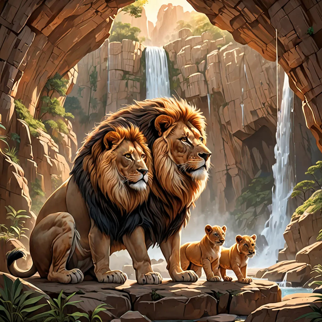 a couple of lions standing on top of a rock covered hillside next to a waterfall with a waterfall in the background, furry art, an oil painting, Brothers Hildebrandt, official art