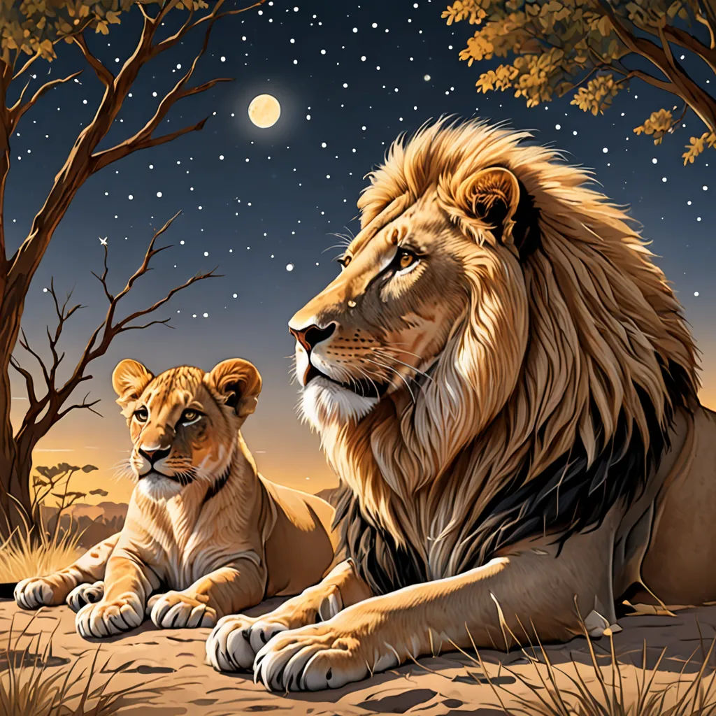 a painting of two lions sitting in the desert at night with a full moon in the background and trees, fantasy art, an airbrush painting, Chris LaBrooy, highly detailed digital painting