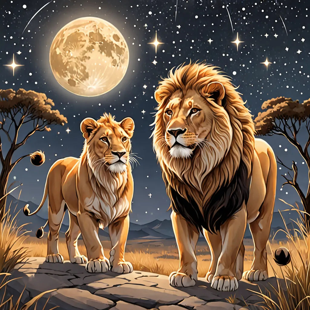 two lions standing on a rock under a full moon sky with stars and a tree in the background,, space art, a storybook illustration, Chris LaBrooy, highly detailed digital painting
