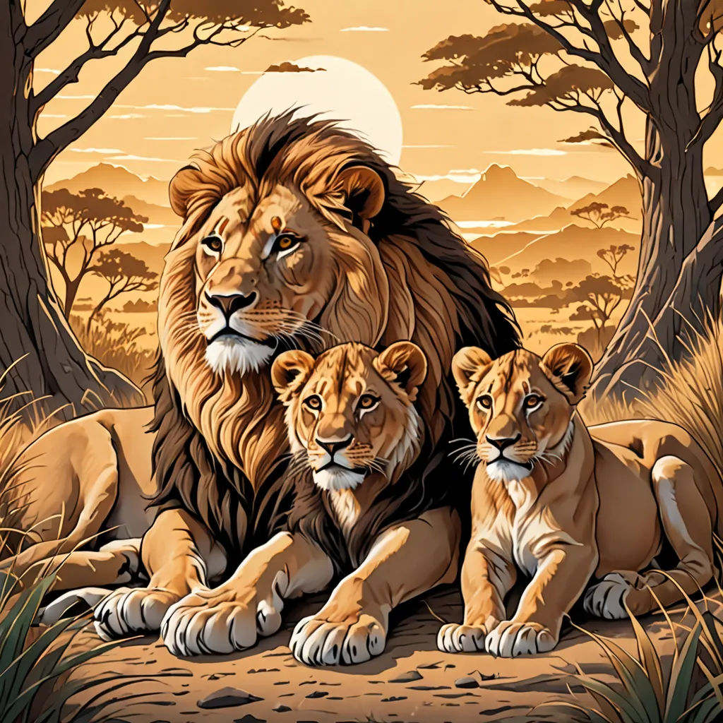 a lion family sitting in the middle of a forest with a full moon in the background and trees in the foreground, fantasy art, an airbrush painting, Brothers Hildebrandt, highly detailed digital painting