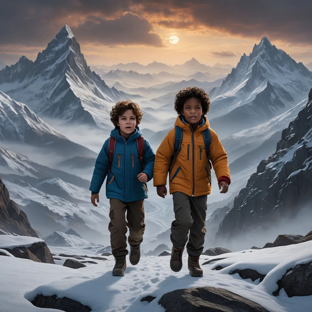 two children walking in the snow towards the camera with mountains in the background and a sun setting behind them, photorealism, a detailed matte painting, Chris LaBrooy, promotional image