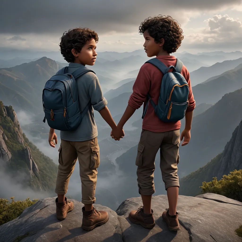 two children holding hands on a mountain top with a view of the valley below them and fog in the sky, photorealism, a detailed matte painting, Chris LaBrooy, promotional image