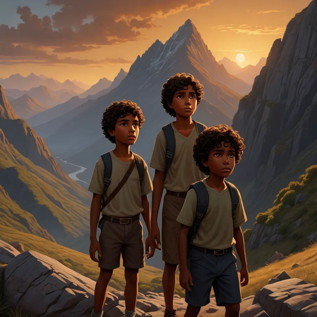 two young boys standing on a mountain top with a sunset in the background and a mountain range in the foreground, serial art, a detailed matte painting, Brothers Hildebrandt, key art