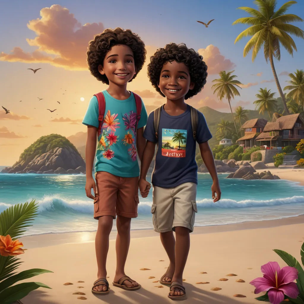 two children standing on a beach with a sunset in the background and a bird flying overhead in the sky, photorealism, poster art, Chris LaBrooy, key art