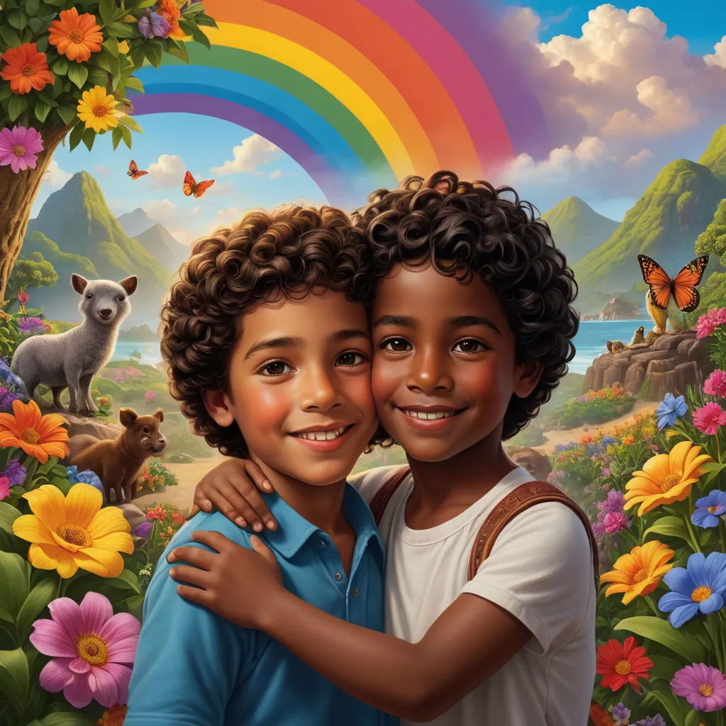 a painting of two children hugging each other in a field of flowers and a rainbow in the background with a mountain and a rainbow, naive art, an album cover, Bob Byerley, key art