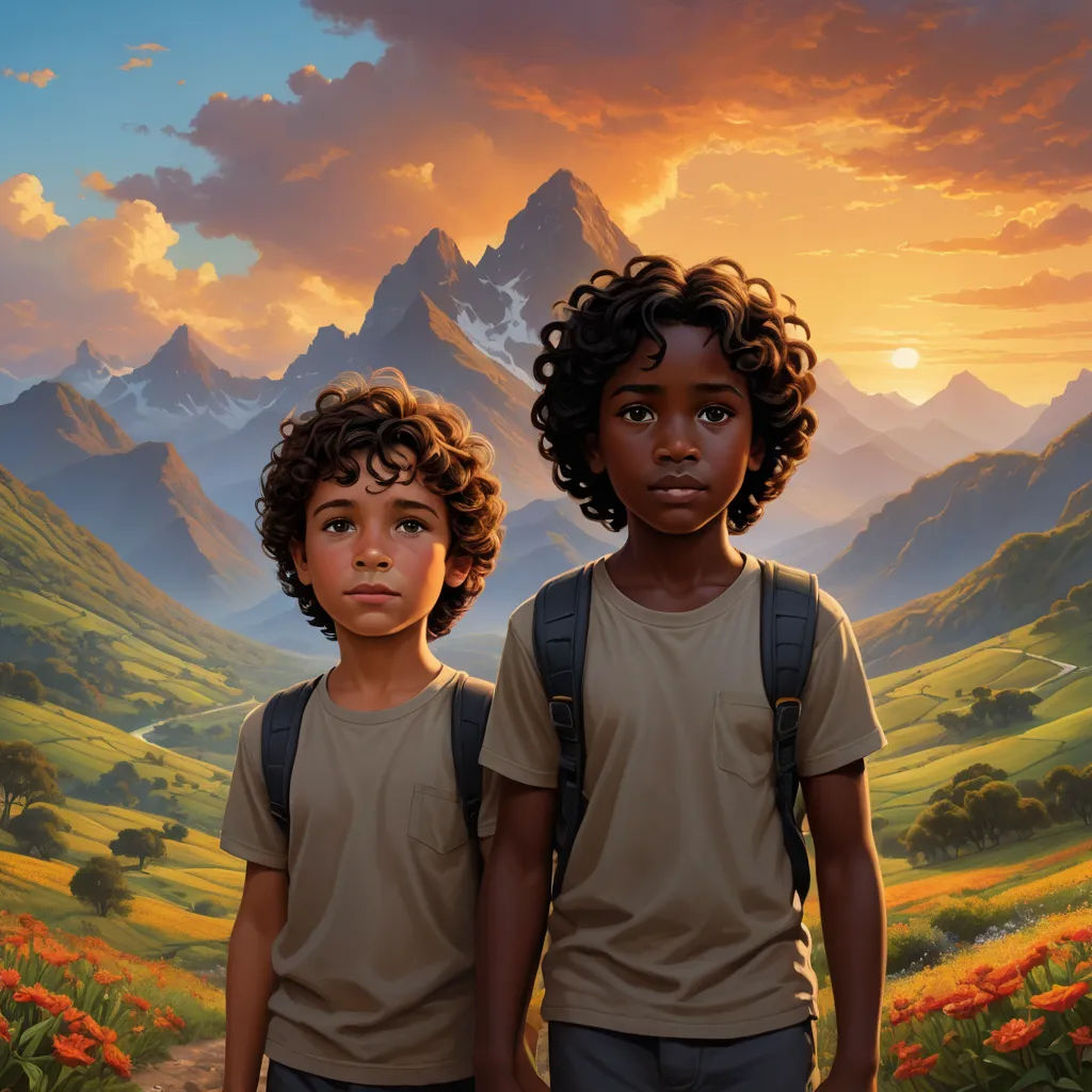 two children standing in front of a painting of a mountain range with flowers in the foreground and a sunset in the background, american scene painting, an album cover, Brothers Hildebrandt, key art